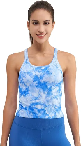 Vista 64 de sphinx cat - Camiseta corta de entrenamiento para mujer, camiseta sin mangas, acanalada, con espalda cruzada y brasier integrado
