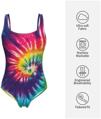 Vista 5 de Rainbow Tie Dye - Traje de baño de una pieza para mujer, bikini sexy profundo y sexy para verano, playa