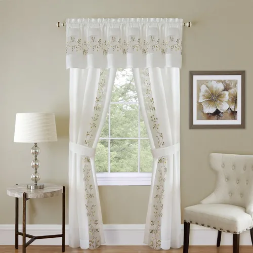 Vista 2 de PowerSellerUSA Juego de 5 cortinas semitransparentes para ventana filtrantes de luz, incluye paneles divididos, cenefa y alzapaños: 55 x 63
