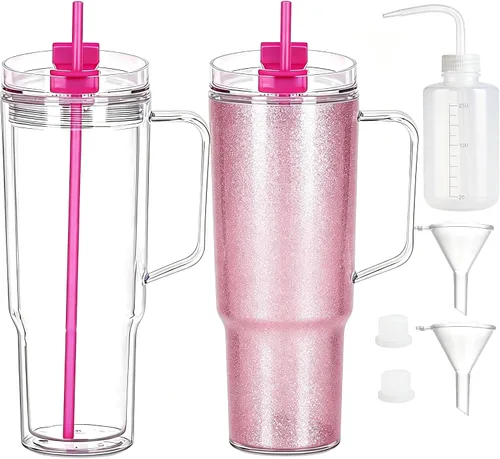 Vista 14 de Vasos de plástico de 40 onzas con asa, tapa de rosca con popote incluido, botella de agua reutilizable de doble pared a prueba de fugas, taza