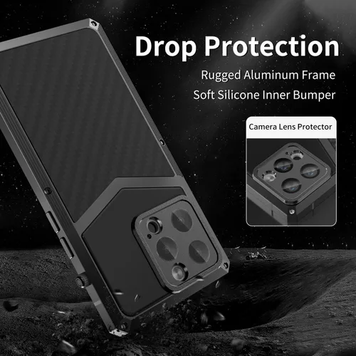 Vista 4 de HUALIMEI Funda de lujo para iPhone 13 Pro 6.1, funda de teléfono de fibra de carbono, armadura protectora militar con protector de pantalla