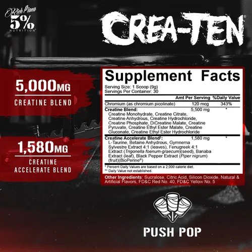 Vista 2 de 5% Nutrition CreaTEN Creatine Complex + Accelerators Creatina en polvo saborizada para ganancia muscular Máxima potencia, fuerza, resistencia