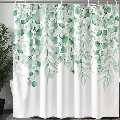 Vista 23 de KAIRA Cortina de ducha de eucalipto negro con diseño clásico y moderno, hojas de plantas de acuarela con diseño floral, decoración de baño, 72 x 72