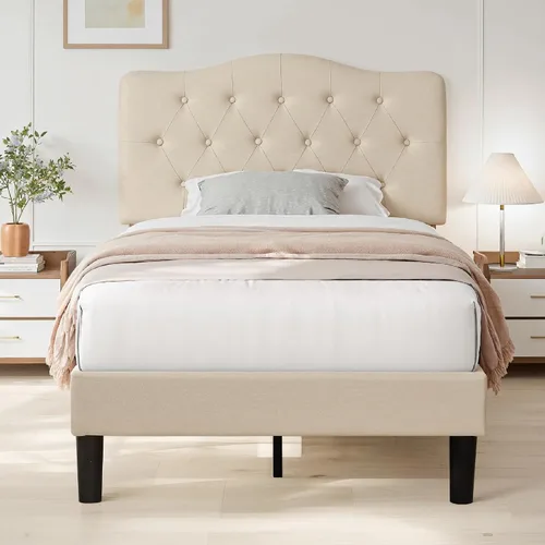 Vista 12 de VECELO Base de cama de plataforma de tamaño individual con cabecera tapizada de tela y soporte de listones de madera, no necesita somier/fácil Beige