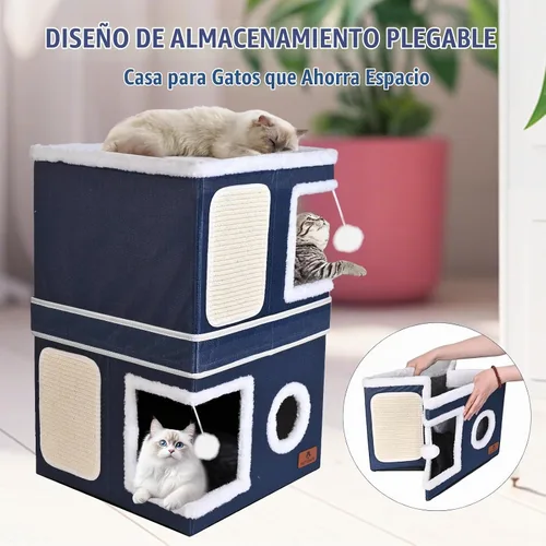 Vista 7 de Casa de Gato de 2 Pisos para Gatos de Interior, Cama de Cueva de Gato de Dos Propósitos con Almohadilla para Arañar y Bola Esponjosa, Escondite