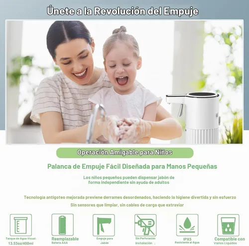 Vista 4 de Dispensador automático de jabón espumoso activado por empuje, dispensador de jabón para cocina, control de flujo continuo de 13.5 fl oz