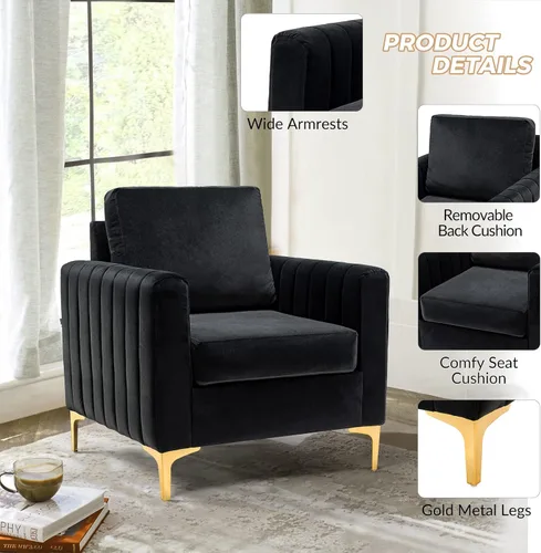 Vista 5 de HULALA HOME Silla de club de acento de terciopelo, sillón de terciopelo moderno tapizado de club con patas de metal dorado de mediados de siglo