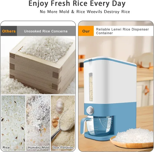 Vista 3 de Lenwi Dispensador de arroz de 22 a 25 libras, recipientes grandes de almacenamiento de alimentos secos de cereales con taza medidora, sin BPA