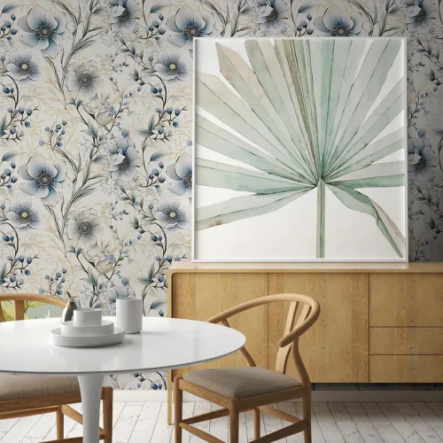 Vista 6 de Papel Pintado Floral Plateado Gris/Azul/Blanco Flores de Amapola de Despegar y Pegar Papel de Contacto Fácil de Despegar Papel Adhesivo para Pegar
