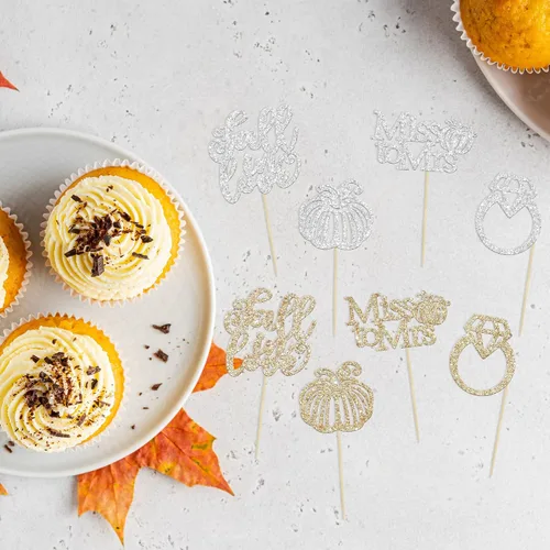 Vista 3 de Gyufise 24 decoraciones para cupcakes de otoño con texto en inglés "Miss to Mrs Cupcake Topper Champage Gold Fall Pumpkin Bride Shower Cake Toppers
