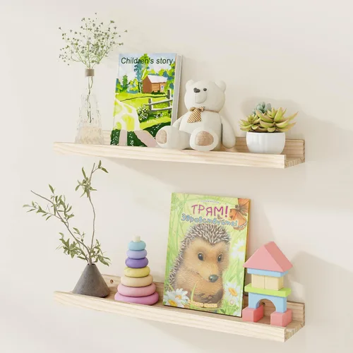 Vista 13 de Fun Memories Juego de 2 estantes flotantes de madera de pino de 24 pulgadas, estantes para libros de guardería, estantes para libros de fotos