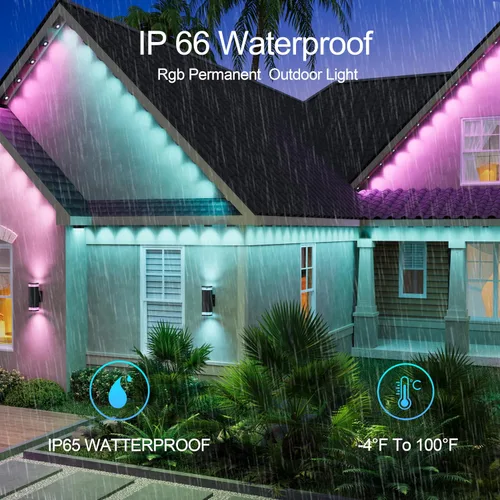 Vista 7 de Luz exterior permanente de 50 pies con 36 luces LED, luces de tejado inteligentes RGB que cambian de color, luces exteriores impermeables
