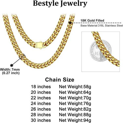 Vista 7 de Bestyle Miami Cuban Link Chain for Men, Durable Real 18K GoldBlack Plated Solid Stainless Steel Chain, Width 5mm 7mm 9mm 12mm Mens Necklace, 18-30