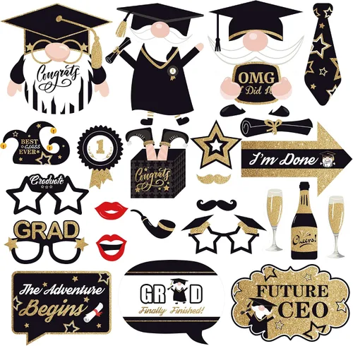Vista 9 de KatchOn, Gnomos - Accesorios para cabina de fotos de graduación 2024 – Paquete de 25 Accesorios de fotos de graduación negros y dorados 2025