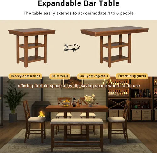 Vista 4 de JIVOIT Farmhouse 6 Piece Dining Table Set, Counter Height Table Set with 4 Chairs and a Bench, Rubber Wood Expandable Bar Table Set with Rivet Gris-3