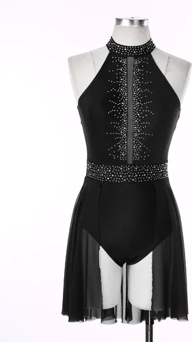 Vista 3 de FEESHOW Women Shiny Rhinestone Lyrical Dance Dress Backless Leotard Dresses Figure Skating Dance Costume