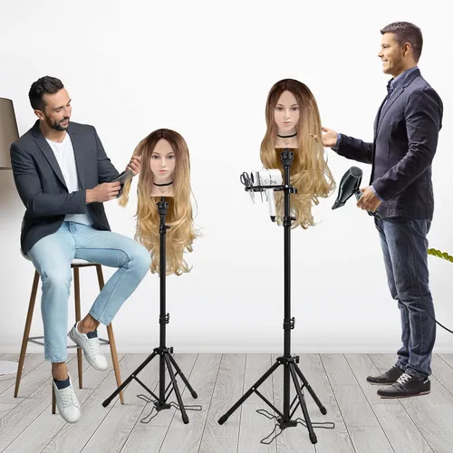 Vista 7 de Klvied Soporte para peluca con trípode ajustable, soporte para cabeza de maniquí con panel para pies, cabeza de peluca de metal reforzada