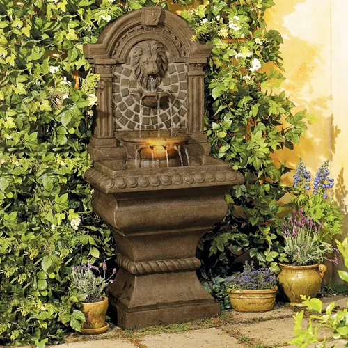 Vista 2 de Royal Lions Head - Fuente de suelo italiana grande de 51 pulgadas de alto para decoración al aire libre de piedra sintética con estatua de luz