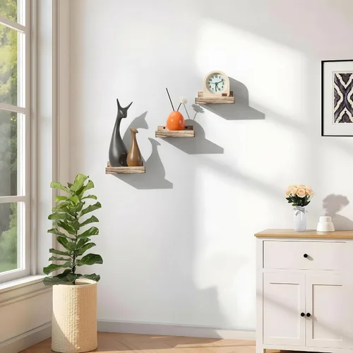 Vista 2 de Z metnal Mini estantes flotantes, pequeño estante de pared de madera natural para repisa de fotos, Pawlownia, montado en la pared, marrón claro, 6 x