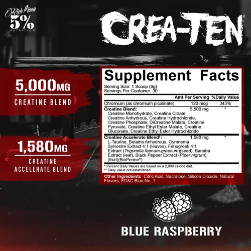 Vista 2 de 5% Nutrition CreaTEN Creatine Complex + Accelerators Creatina en polvo saborizada para ganancia muscular Máxima potencia, fuerza, resistencia