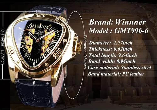 Vista 5 de Winner - Reloj de pulsera mecánico de moda triangular, esfera de carreras triangular, esfera de esqueleto dorado, movimiento automático, diseño