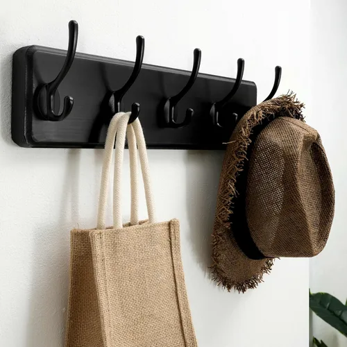 Vista 5 de SKOLOO Perchero rústico montado en la pared, perchero de madera maciza de pino, 5 ganchos para colgar ropa, batas, toallas, abrigos
