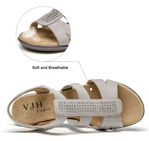 Vista 3 de VJH confort - Sandalias planas para mujer con diamantes de imitación, puntera abierta, elásticas, sin cordones, cómodas, informales, para caminar