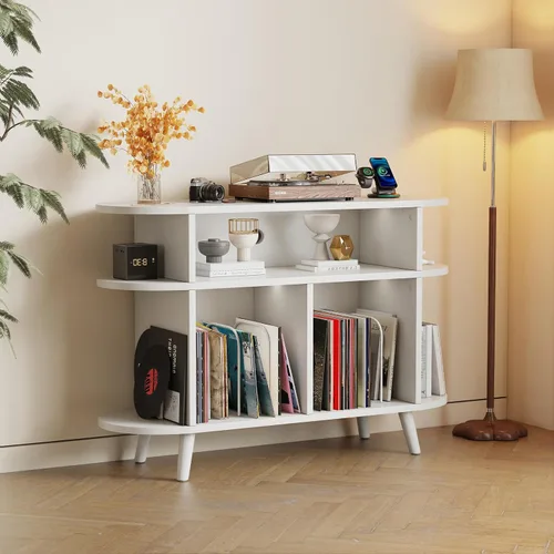 Vista 12 de LIVEHOM Soporte redondo grande para tocadiscos, armario de almacenamiento de discos de madera, soporte para discos de vinilo con área