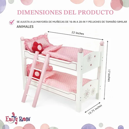 Vista 3 de Emily Rose Litera para muñecas de 18 pulgadas con ropa de cama floral y escalera, 2 camas individuales apilables, se adapta a muñecas American Girl