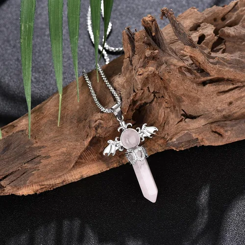 Vista 3 de Collar de cristal curativo para mujer, collar con colgante de alas de ángel, collar de piedras preciosas de cristal para mujeres y hombres, colgante