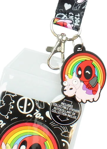 Vista 3 de Bioworld Marvel Deadpool Chibi - Soporte para identificación con colgante de goma de unicornio y arco iris y calcomanía coleccionable