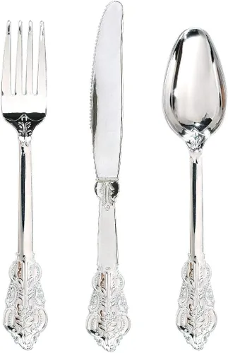 Vista 2 de WDF 360 piezas de cubiertos de plástico plateado- cubiertos desechables - 60 platos de plástico plateado