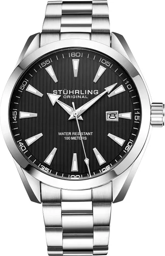 Vista 3 de Stuhrling Original Reloj de vestir para hombre, esfera analógica con fecha, banda de cuero de becerro