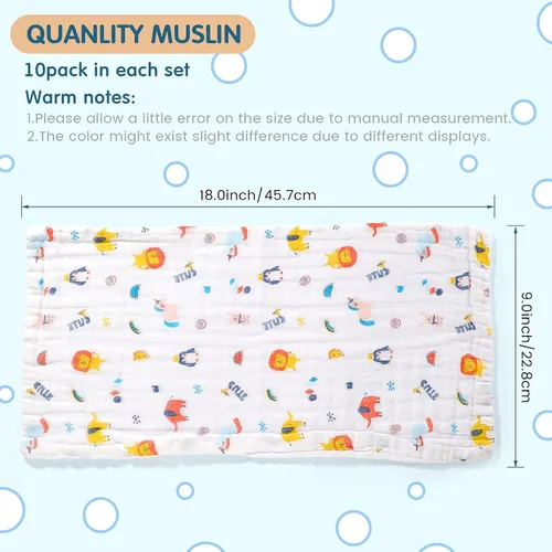 Vista 3 de Tatuo Paquete de 10 paños de muselina para bebé, 20 x 10 pulgadas, 6 capas, suaves y absorbentes, para recién nacidos, para baby shower, niños