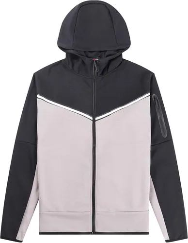 Vista 2 de Conjunto deportivo para hombre, sudadera con capucha y manga larga, con cremallera completa, 2 piezas Negro+gris ceniza