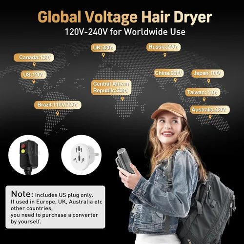 Vista 5 de QUICO Secador de Pelo Portátil, Secador de Pelo de Viaje con Voltaje Dual 120-240V Plegable, Secador de Pelo de Alta Velocidad de 120000 RPM