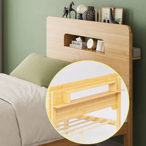 Vista 7 de ZIYOO Marco de cama de madera de bambú maciza tamaño individual con cabecera de almacenamiento, marco de cama plataforma de 14 pulgadas