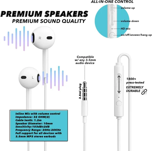 Vista 13 de Auriculares con cable con micrófono, auriculares intrauditivos de 0.138 in con control de volumen en línea, auriculares enchufables para portátiles