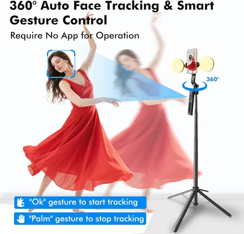Vista 3 de Trípode para selfie stick de seguimiento automático con luz de llenado, rotación de 360 grados y control de gestos, trípode para selfie stick