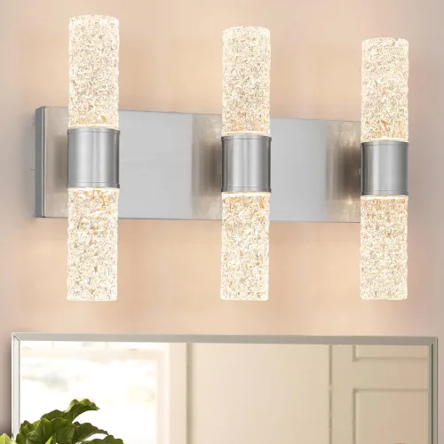 Vista 13 de Juego de 2 apliques de pared LED de cristal, lámparas de baño de oro cepillado, modernas luces de baño con LED con cable para dormitorio, sala