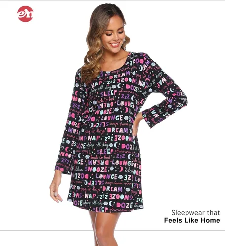 Vista 6 de ENJOYNIGHT Ropa de dormir de algodón para mujer, camisón de manga larga con estampado de camiseta para dormir ABC