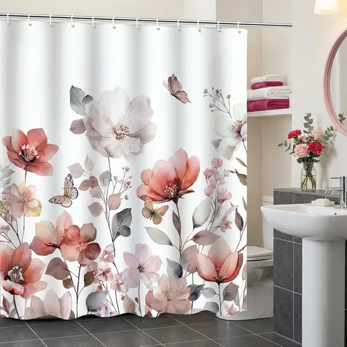 Vista 8 de Cortina de ducha floral de primavera, cortinas de ducha de plantas de flores silvestres para baño, cortina de baño de tela de poliéster impermeable