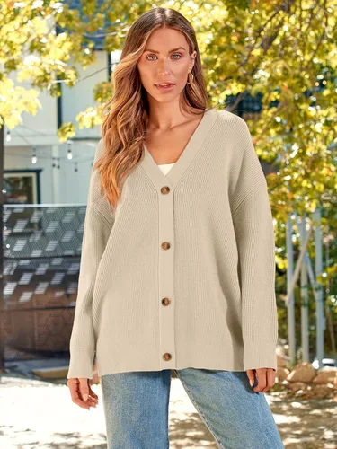 Vista 2 de LILLUSORY Cárdigan de gran tamaño para mujer, ropa de otoño, de tela, cuello en V, con botones frontales, informal, de moda