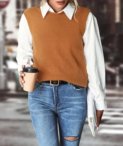 Vista 8 de PEIQI Suéter de punto para mujer, sin mangas, liso, casual, básico