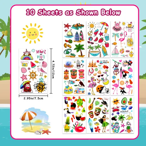 Vista 2 de LOMIMOS 138 calcomanías de tatuaje temporal hawaiano con temática de Luau, tropical de verano, playa, piscina, fiesta, para niños y adultos