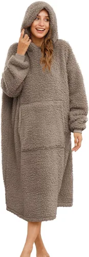 Vista 13 de Manta Sherpa con capucha de gran tamaño, sudadera con capucha y manga larga y bolsillo, color beige