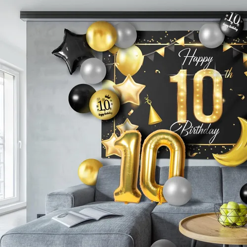 Vista 5 de Juego de globos dorados de feliz cumpleaños número 10 – Saludos a los 10 años de edad, guirnalda temática de fiesta con estrellas y luna, decoración