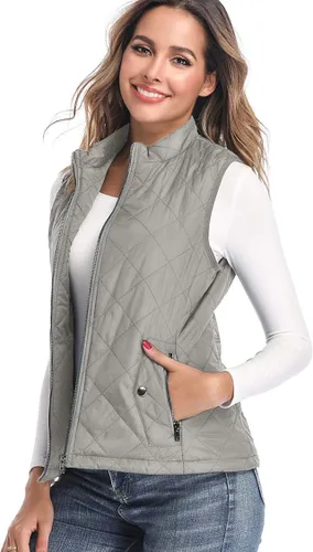 Vista 5 de Chaleco para exteriores de mujer, chaleco acolchado ligero con cremallera y cuello alto.