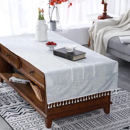 Vista 3 de Mantel rectangular de lino con borlas para mesa de café con bolsillos