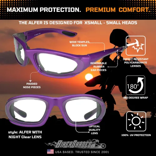 Vista 4 de Bikershades Gafas de montar en motocicleta con montura morada, pequeñas para mujeres y niñas 2 pares transparentes